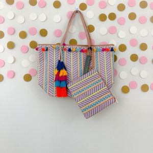 Raffia Tote with Tassels and Wristlets